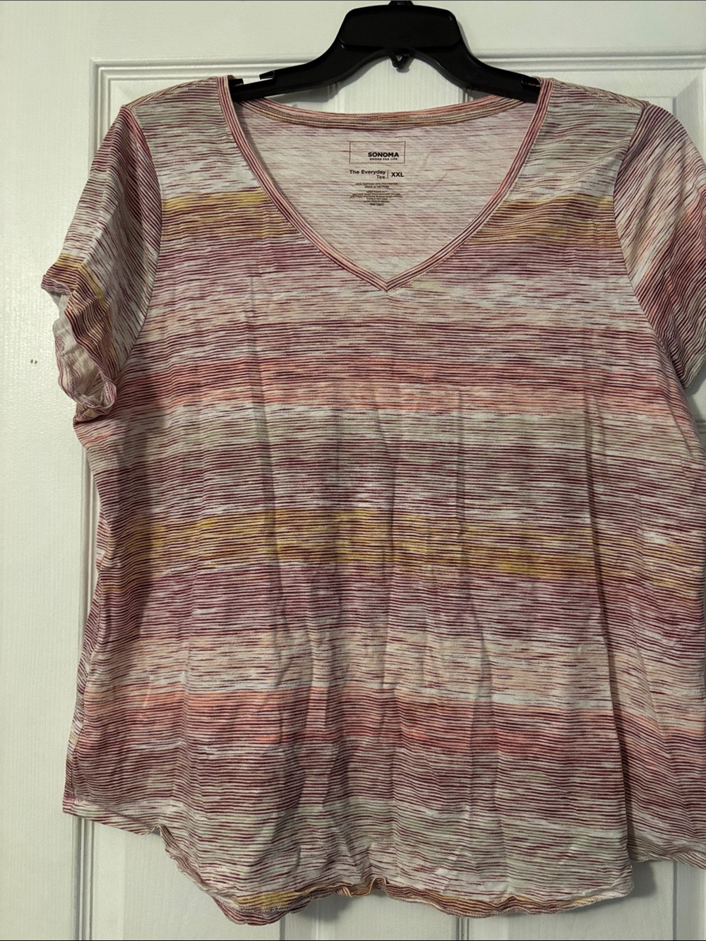 Sonoma Striped V-Neck Short Sleeve Tee in Pink and Yellow